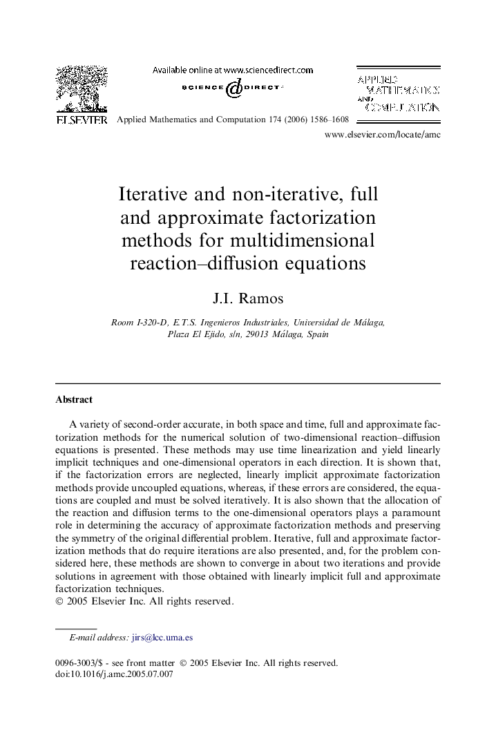 Iterative and non-iterative, full and approximate factorization methods for multidimensional reaction-diffusion equations