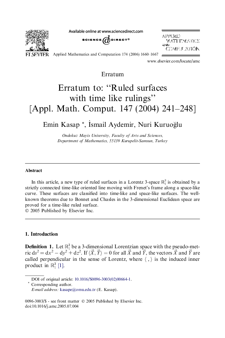 Erratum to: “Ruled surfaces with time like rulings” [Appl. Math. Comput. 147 (2004) 241–248]