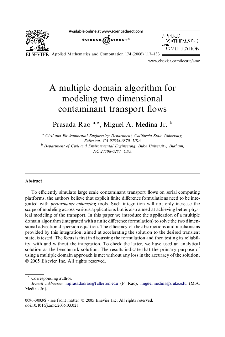 A multiple domain algorithm for modeling two dimensional contaminant transport flows