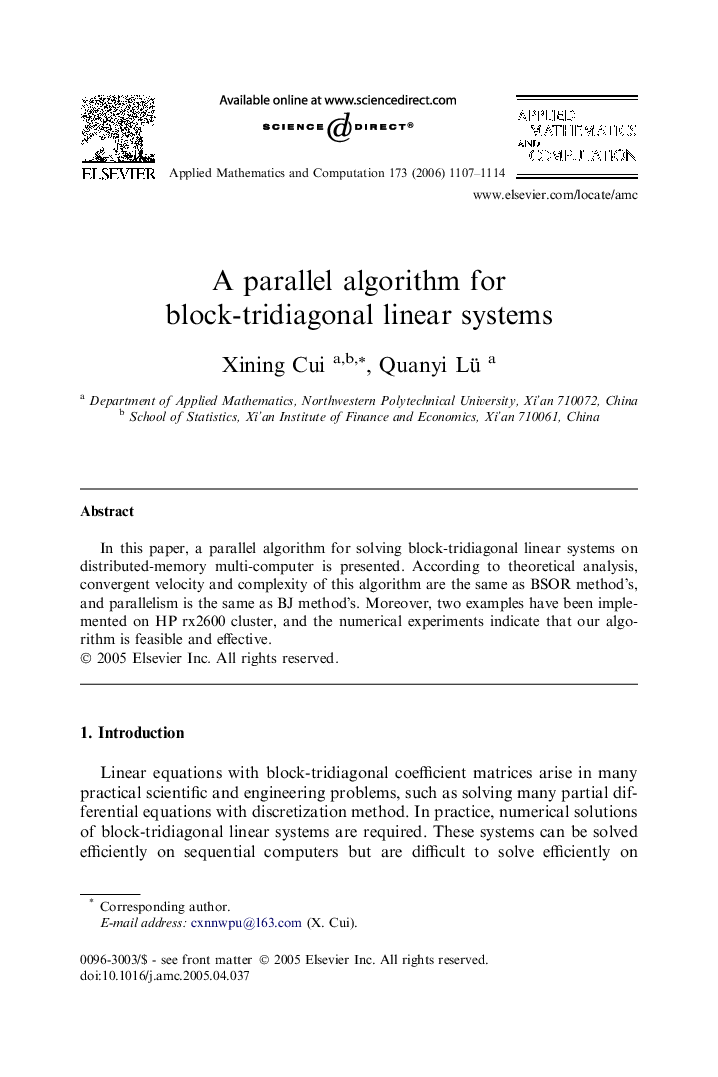 A parallel algorithm for block-tridiagonal linear systems