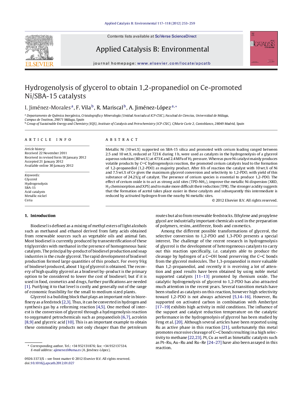 Hydrogenolysis of glycerol to obtain 1,2-propanediol on Ce-promoted Ni/SBA-15 catalysts