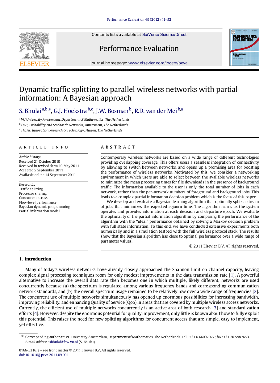 Dynamic traffic splitting to parallel wireless networks with partial information: A Bayesian approach