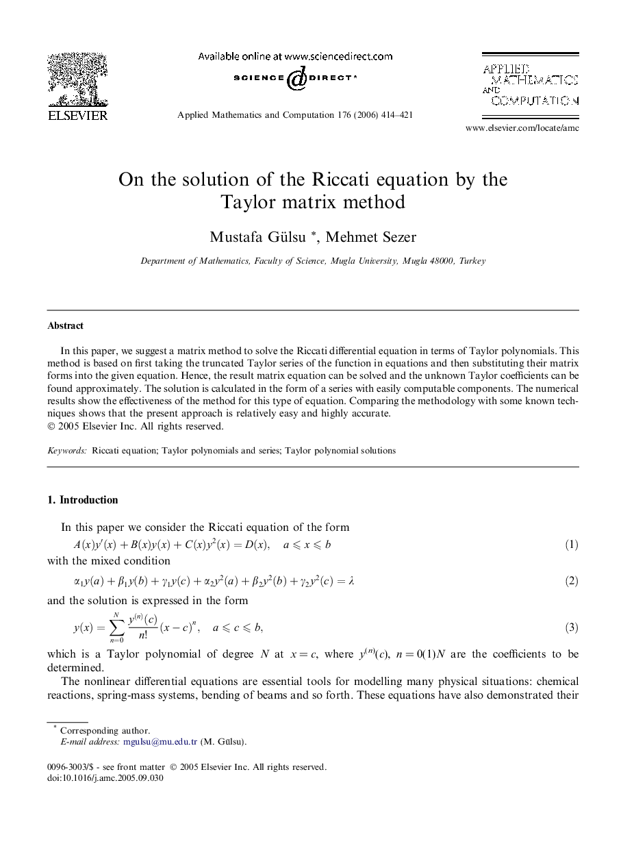 On the solution of the Riccati equation by the Taylor matrix method