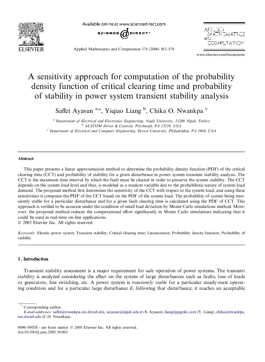A sensitivity approach for computation of the probability density function of critical clearing time and probability of stability in power system transient stability analysis