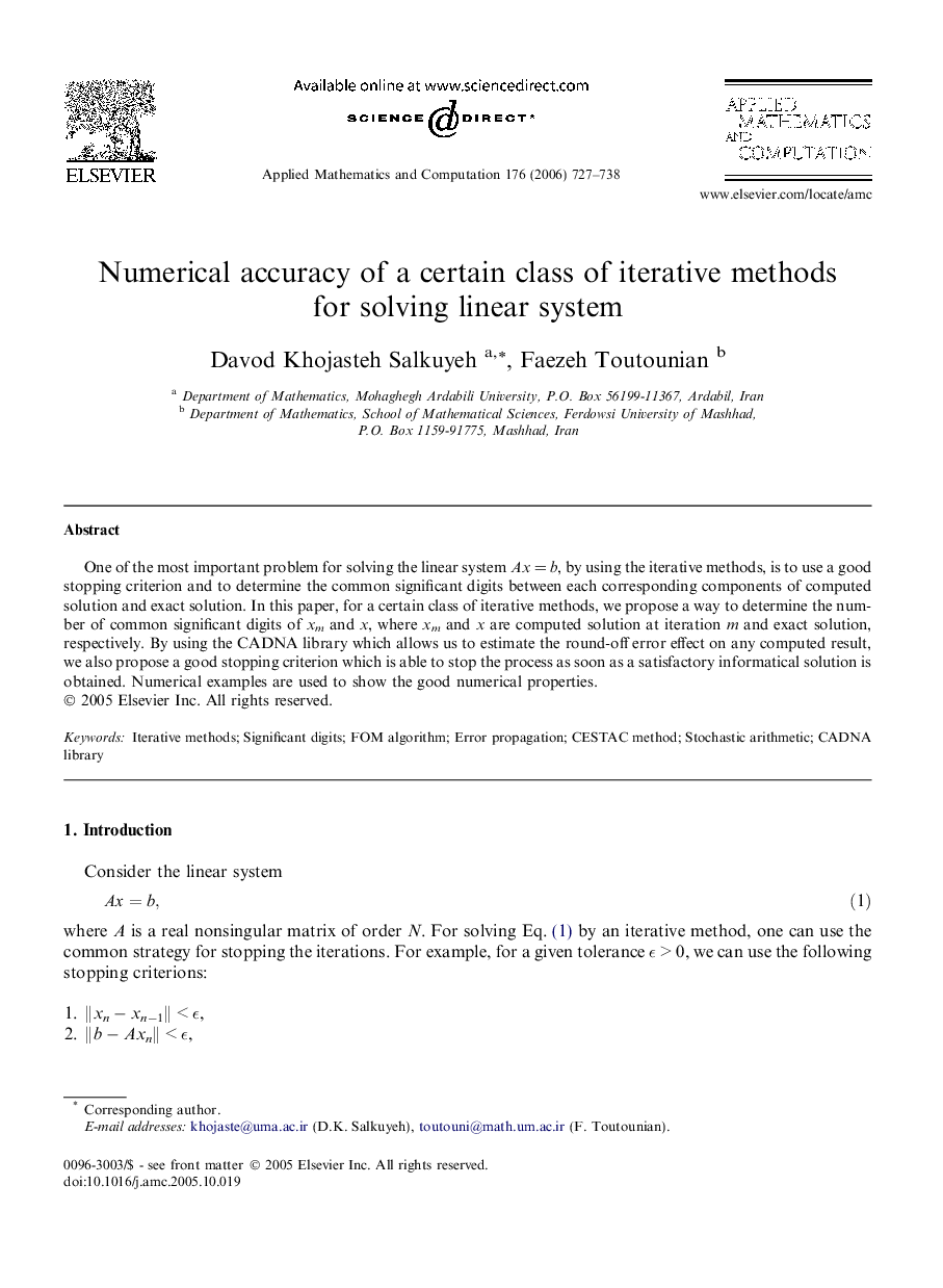 Numerical accuracy of a certain class of iterative methods for solving linear system