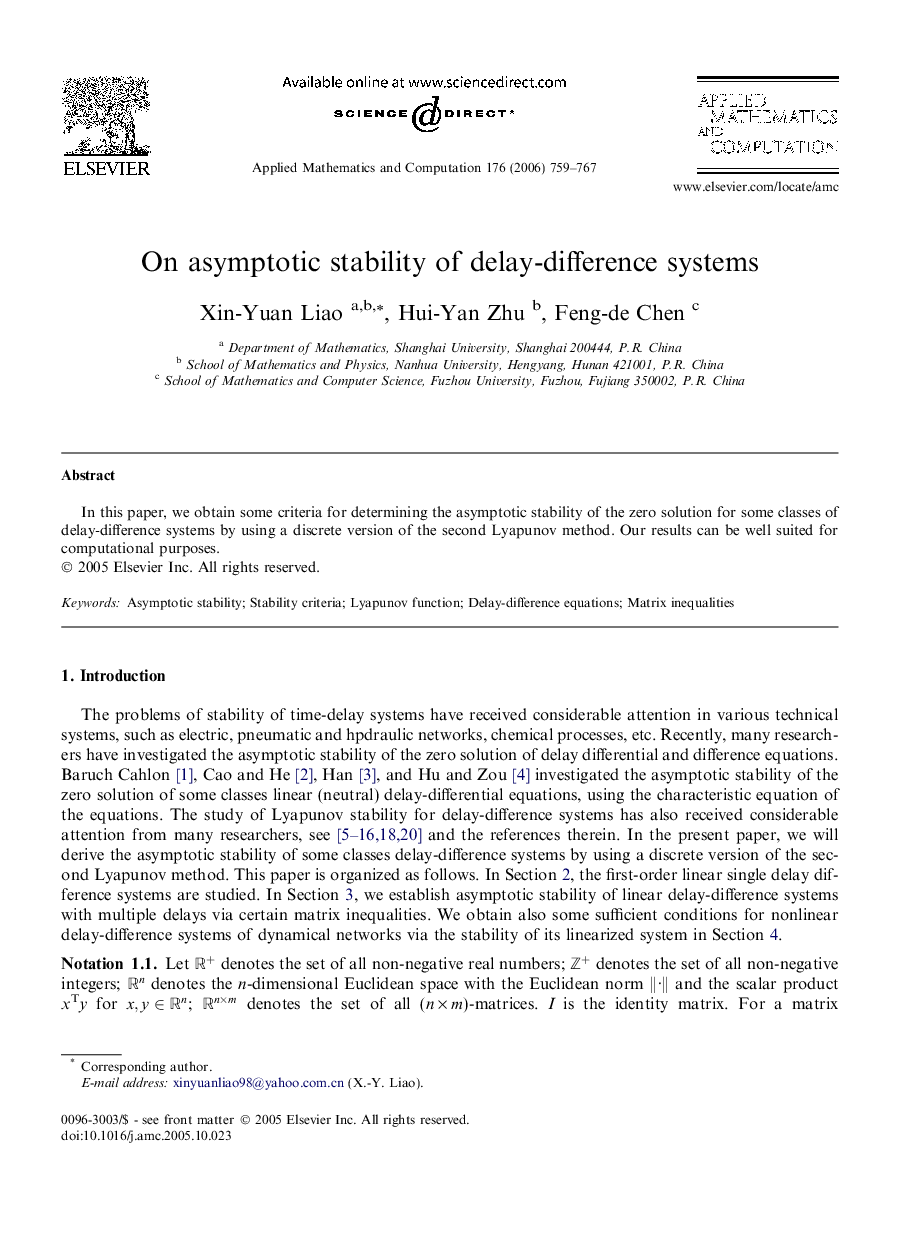 عکس صفحه اول مقاله: On asymptotic stability of delay-difference systems On asymptotic stability of delay-difference systems