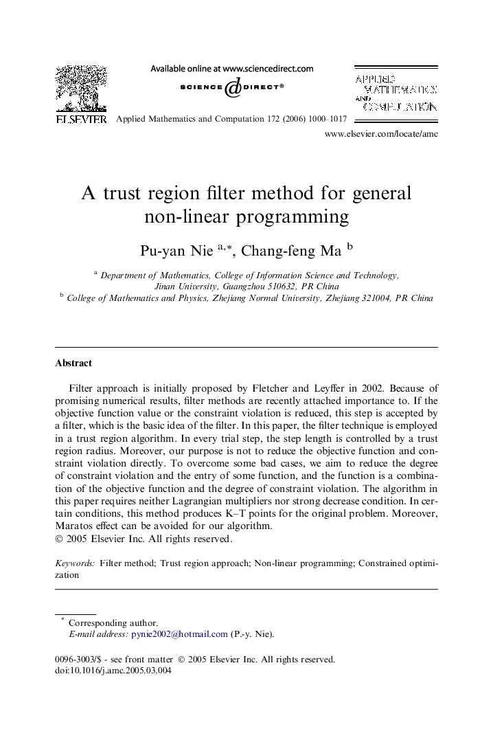 A trust region filter method for general non-linear programming