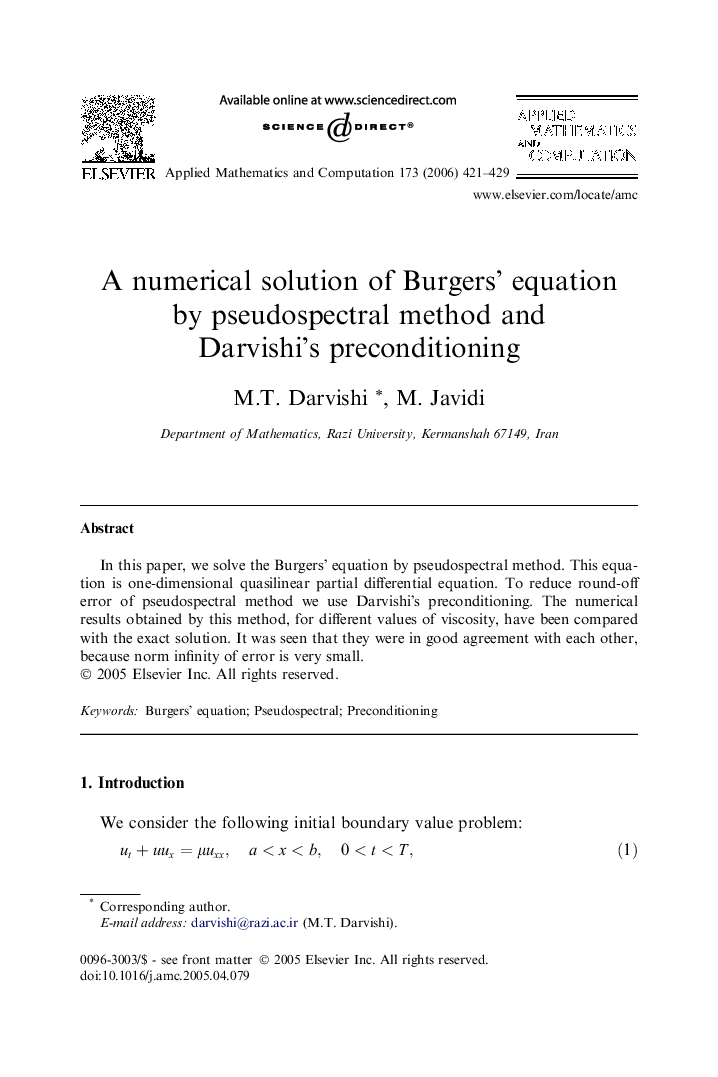 A numerical solution of Burgers’ equation by pseudospectral method and Darvishi’s preconditioning