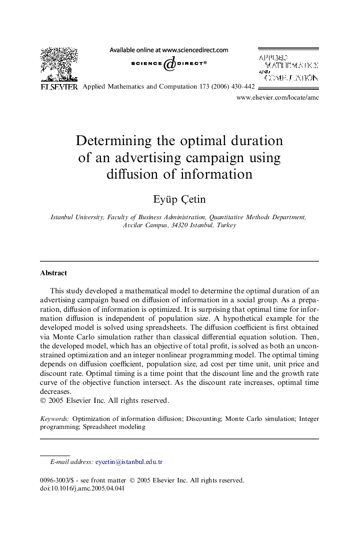 Determining the optimal duration of an advertising campaign using diffusion of information