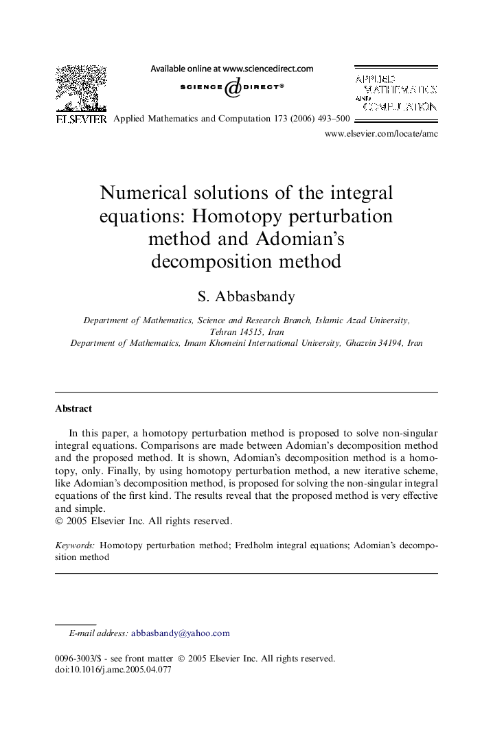 Numerical solutions of the integral equations: Homotopy perturbation method and Adomian’s decomposition method