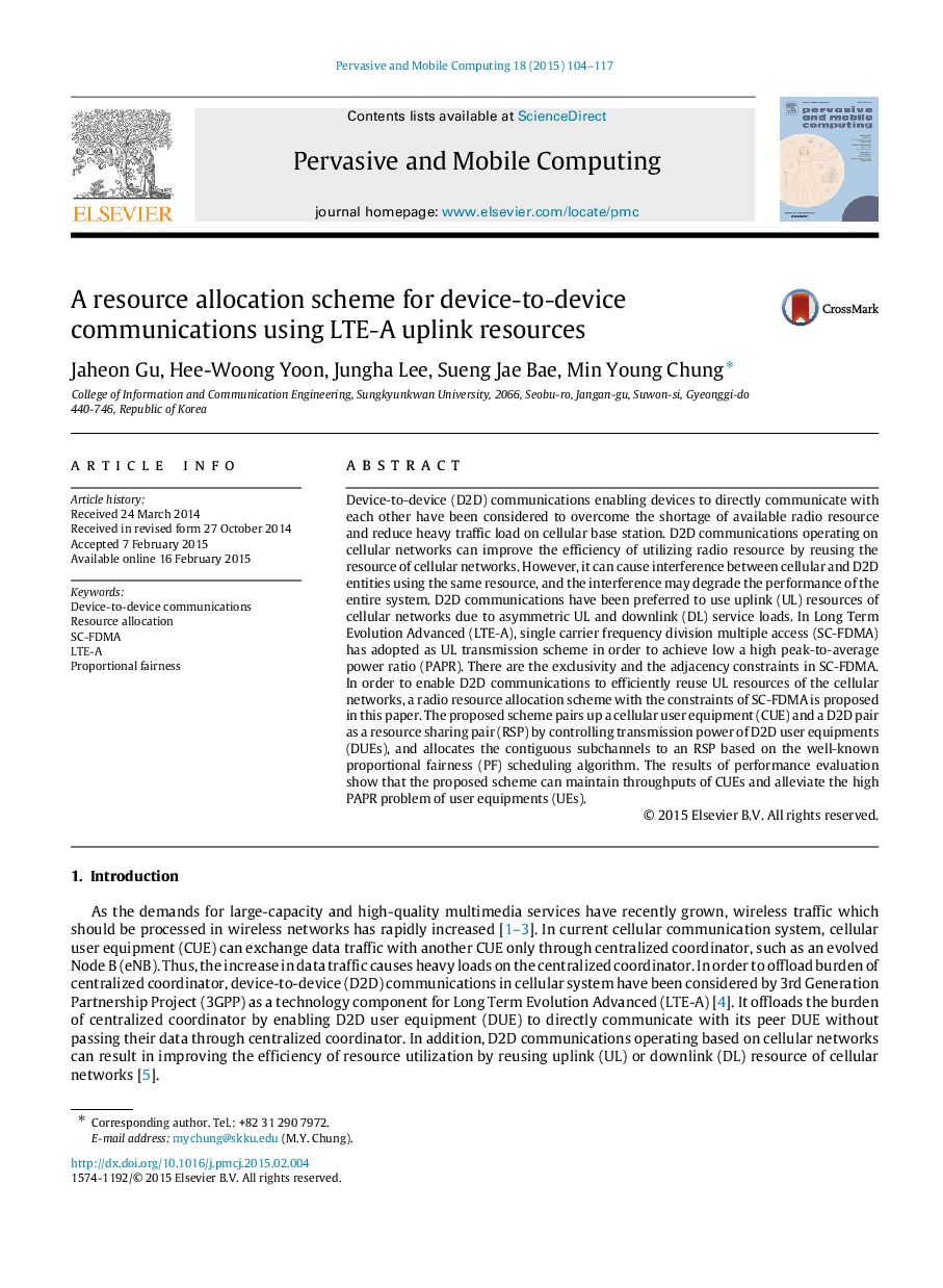 A resource allocation scheme for device-to-device communications using LTE-A uplink resources