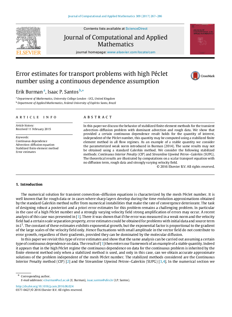 Error estimates for transport problems with high Péclet number using a continuous dependence assumption