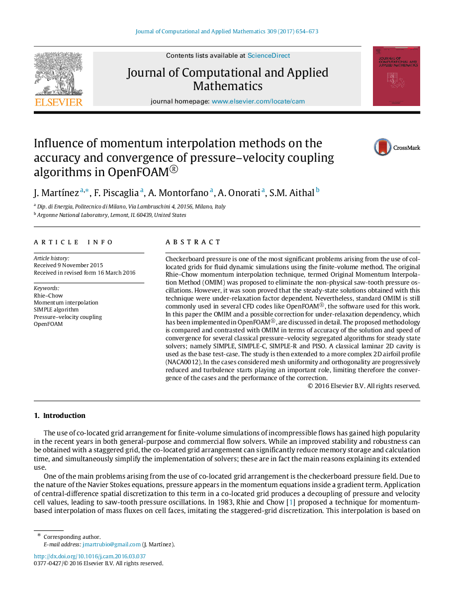 Influence of momentum interpolation methods on the accuracy and convergence of pressure–velocity coupling algorithms in OpenFOAM®