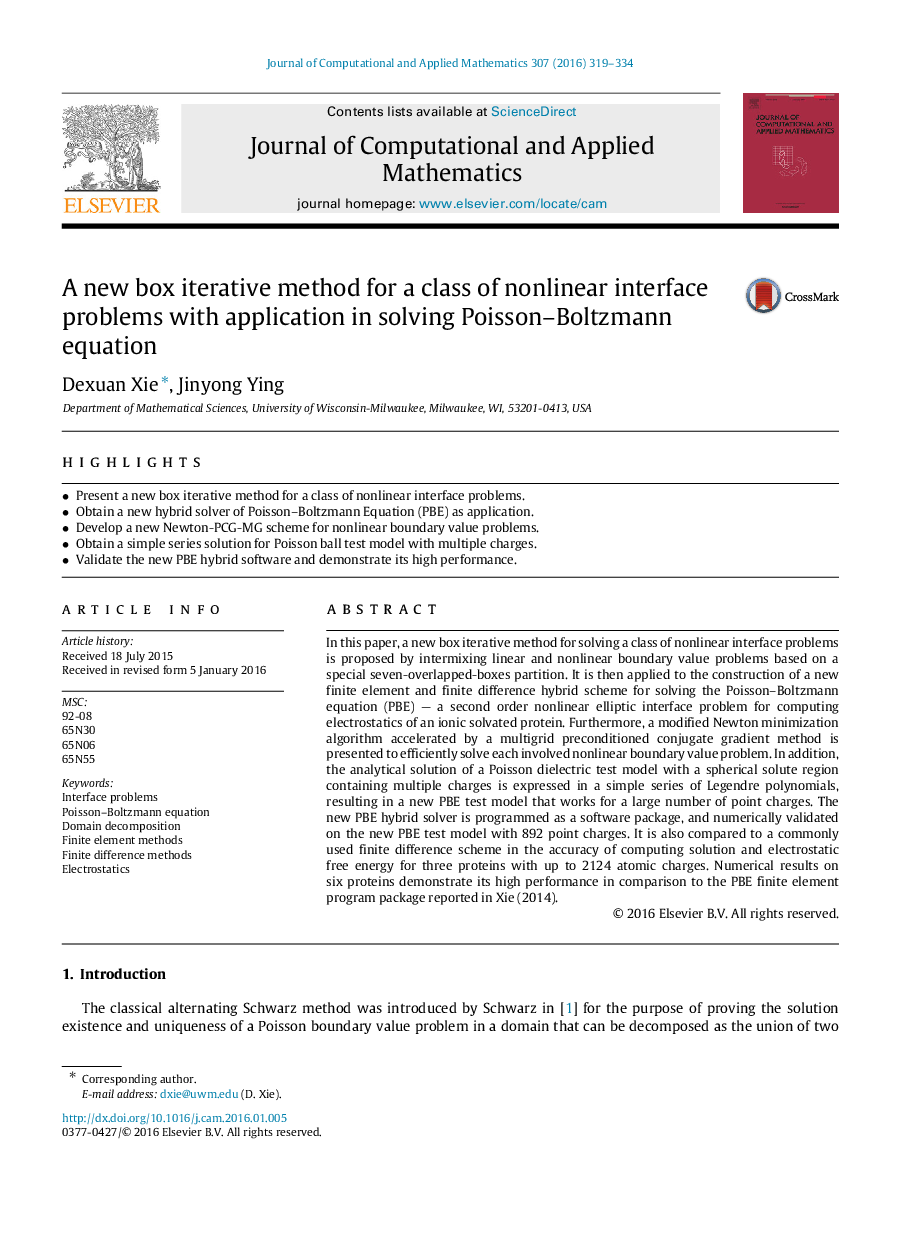 A new box iterative method for a class of nonlinear interface problems with application in solving Poisson–Boltzmann equation