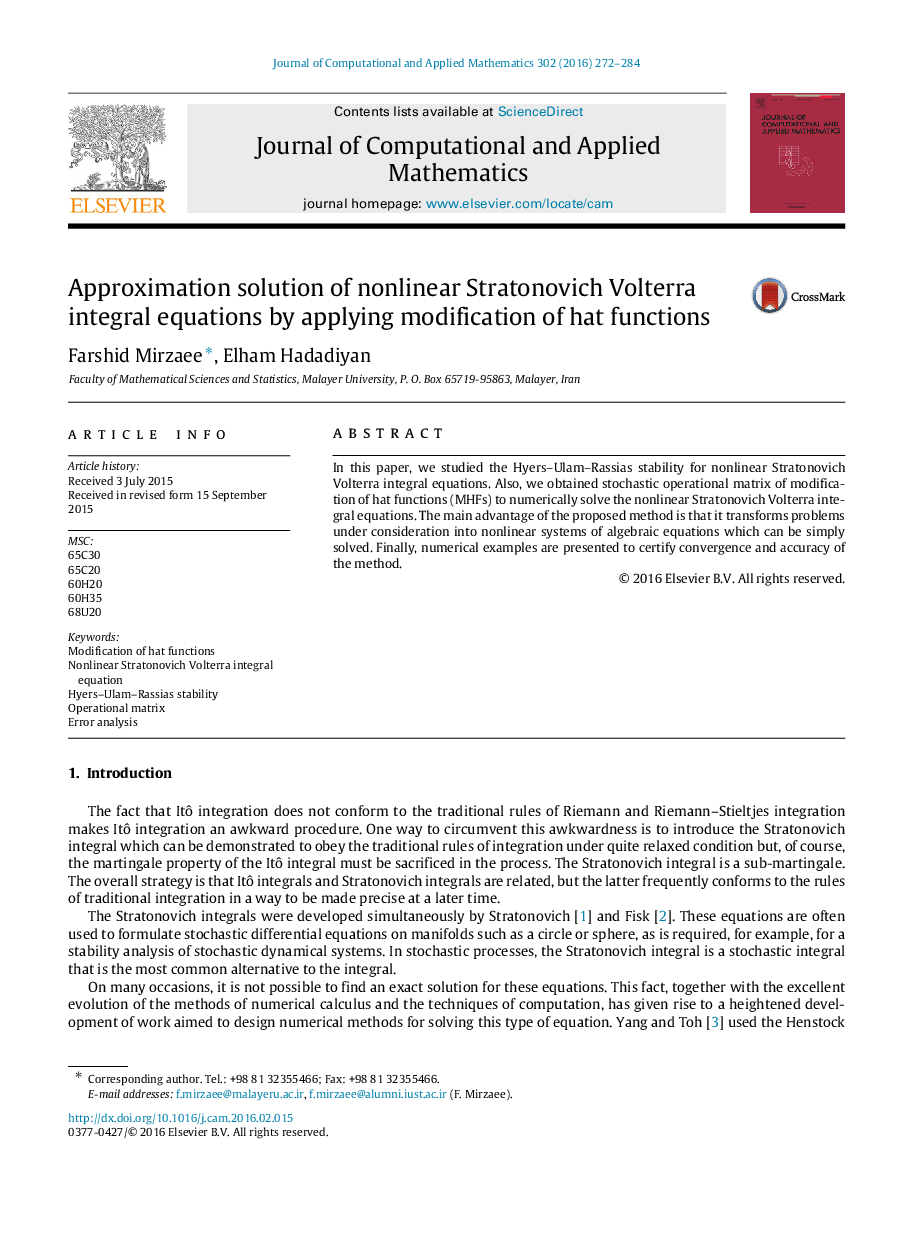 Approximation solution of nonlinear Stratonovich Volterra integral equations by applying modification of hat functions