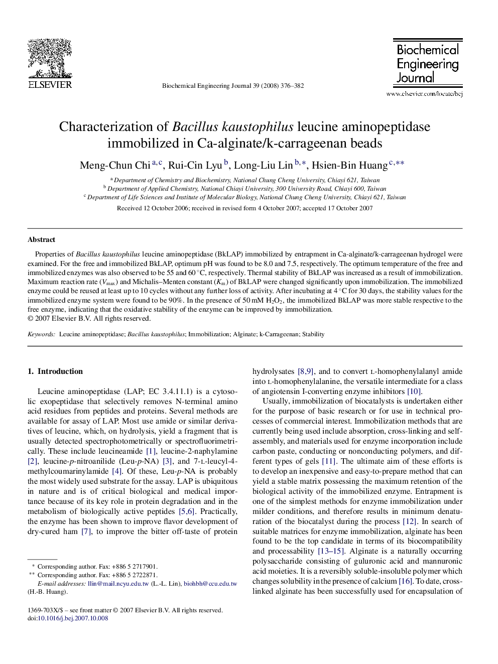 Characterization of Bacillus kaustophilus leucine aminopeptidase immobilized in Ca-alginate/k-carrageenan beads