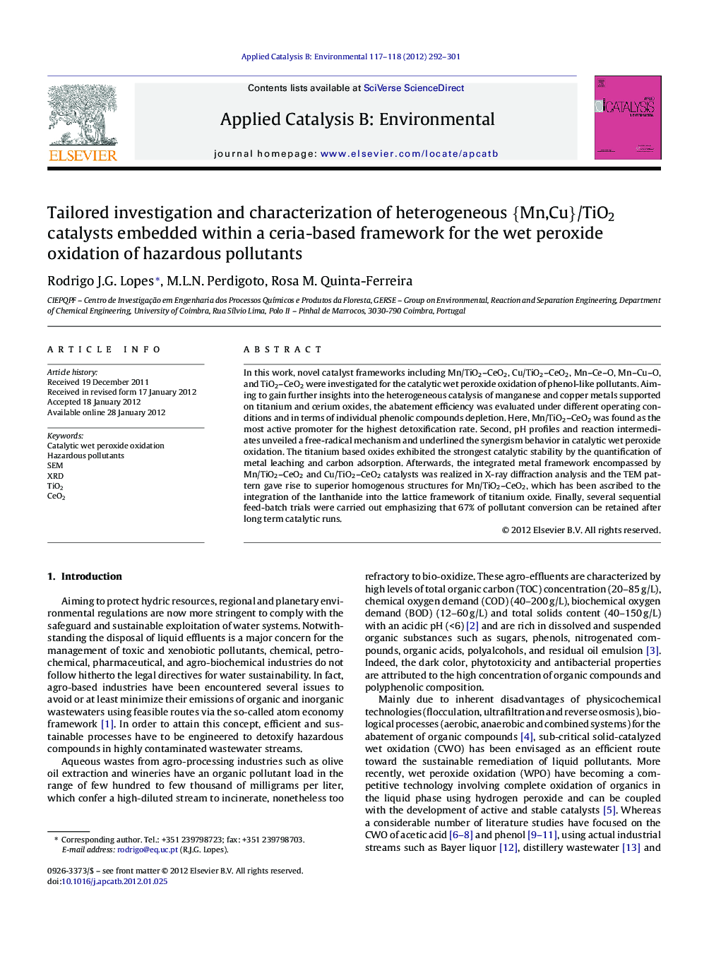 Tailored investigation and characterization of heterogeneous {Mn,Cu}/TiO2 catalysts embedded within a ceria-based framework for the wet peroxide oxidation of hazardous pollutants