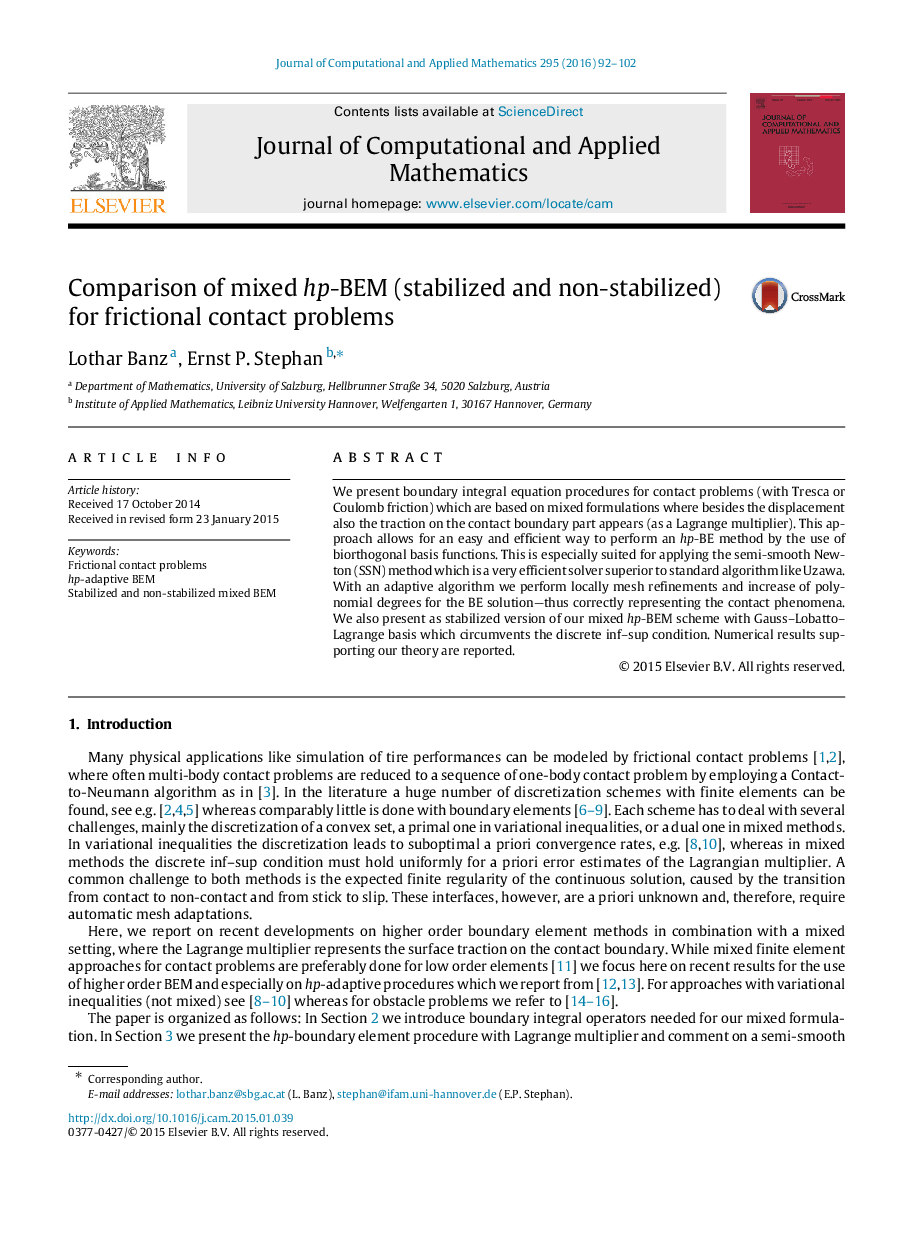 Comparison of mixed hphp-BEM (stabilized and non-stabilized) for frictional contact problems