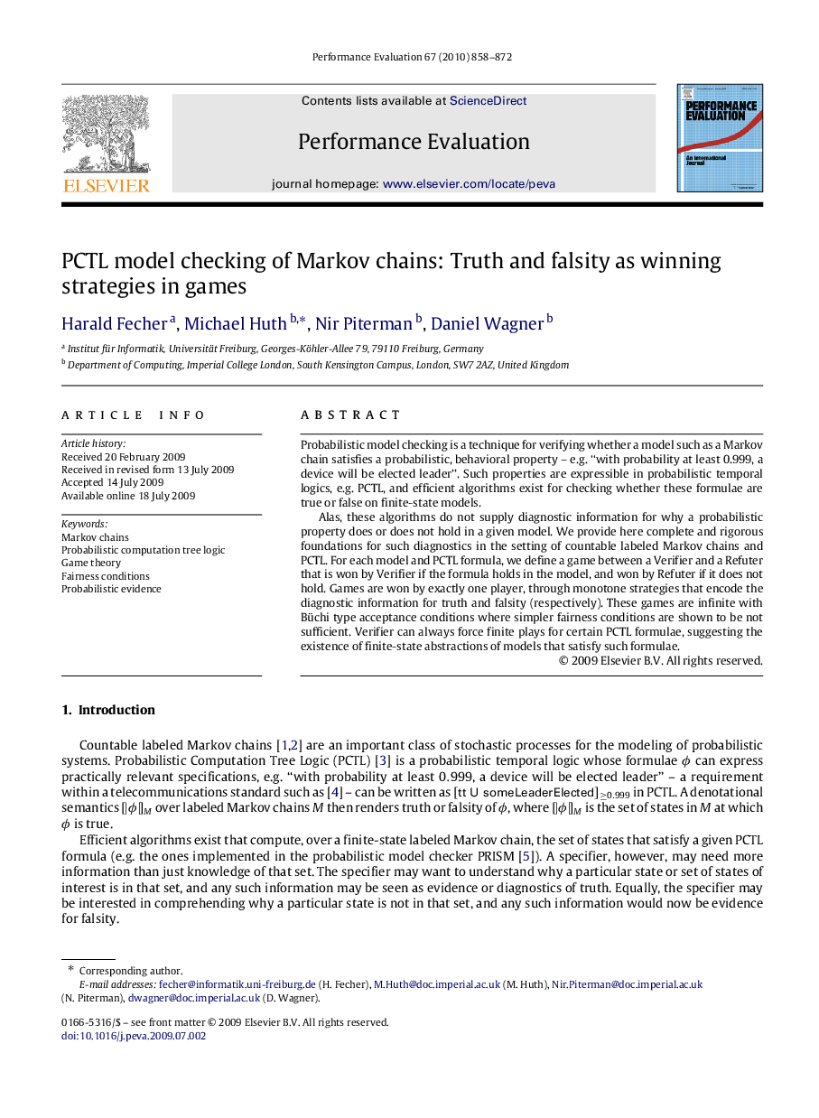 PCTL model checking of Markov chains: Truth and falsity as winning strategies in games