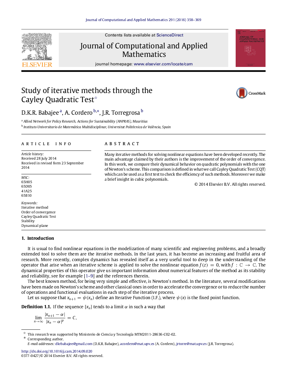 Study of iterative methods through the Cayley Quadratic Test 