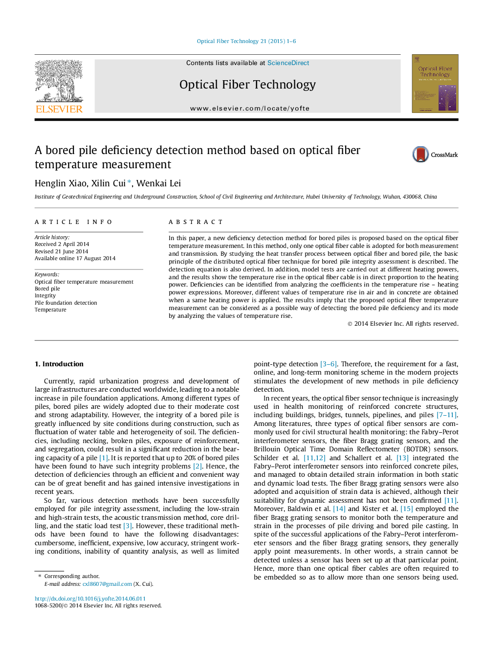 A bored pile deficiency detection method based on optical fiber temperature measurement