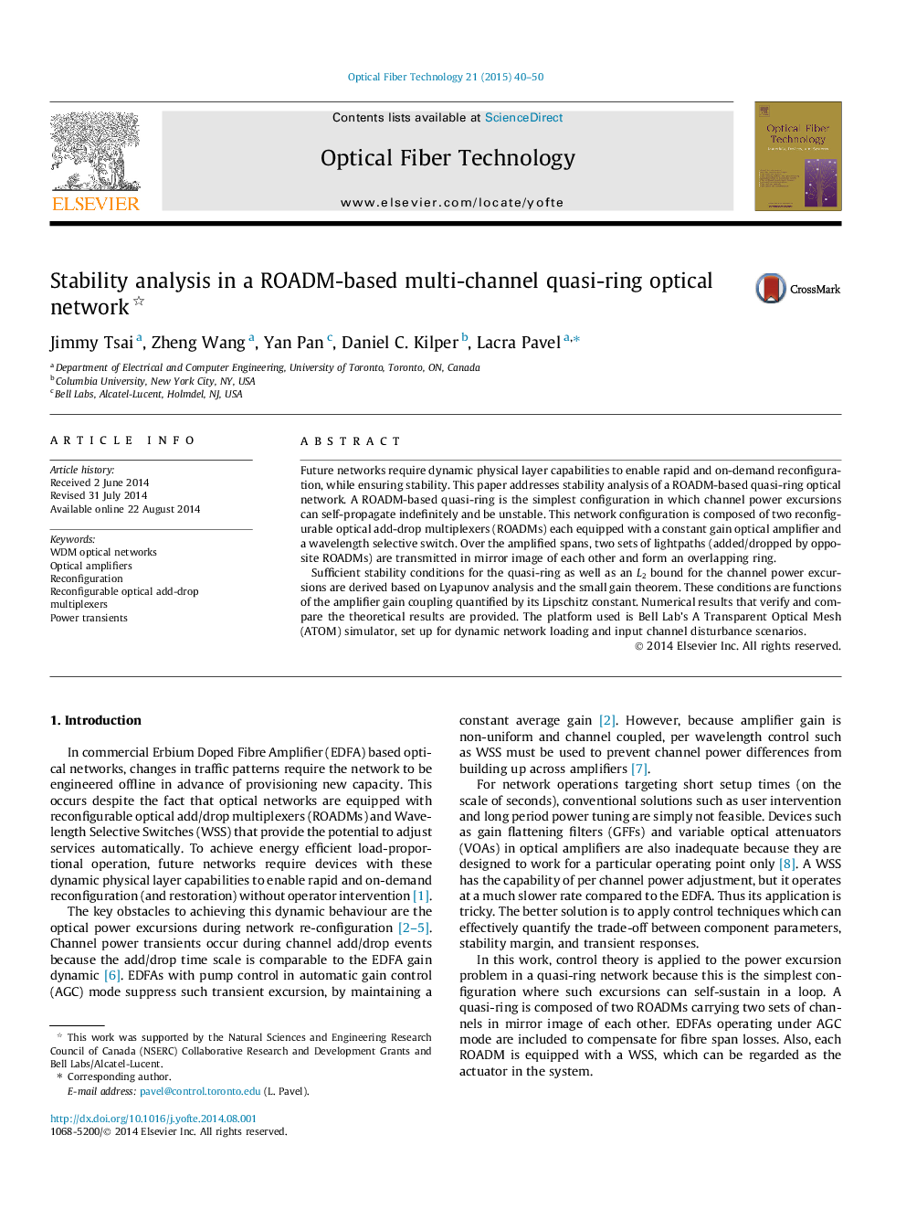 Stability analysis in a ROADM-based multi-channel quasi-ring optical network 