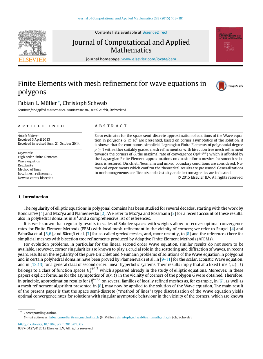 Finite Elements with mesh refinement for wave equations in polygons