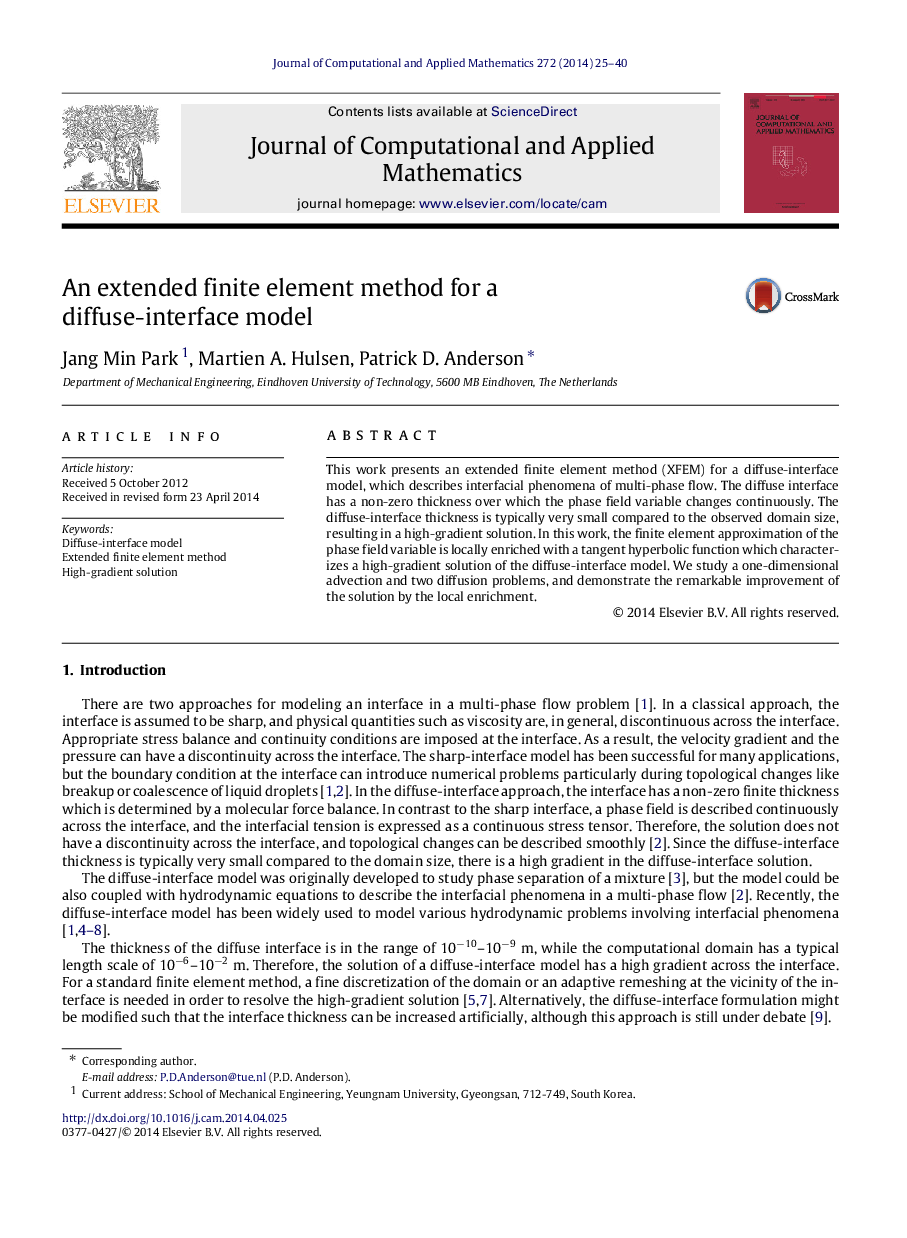 An extended finite element method for a diffuse-interface model