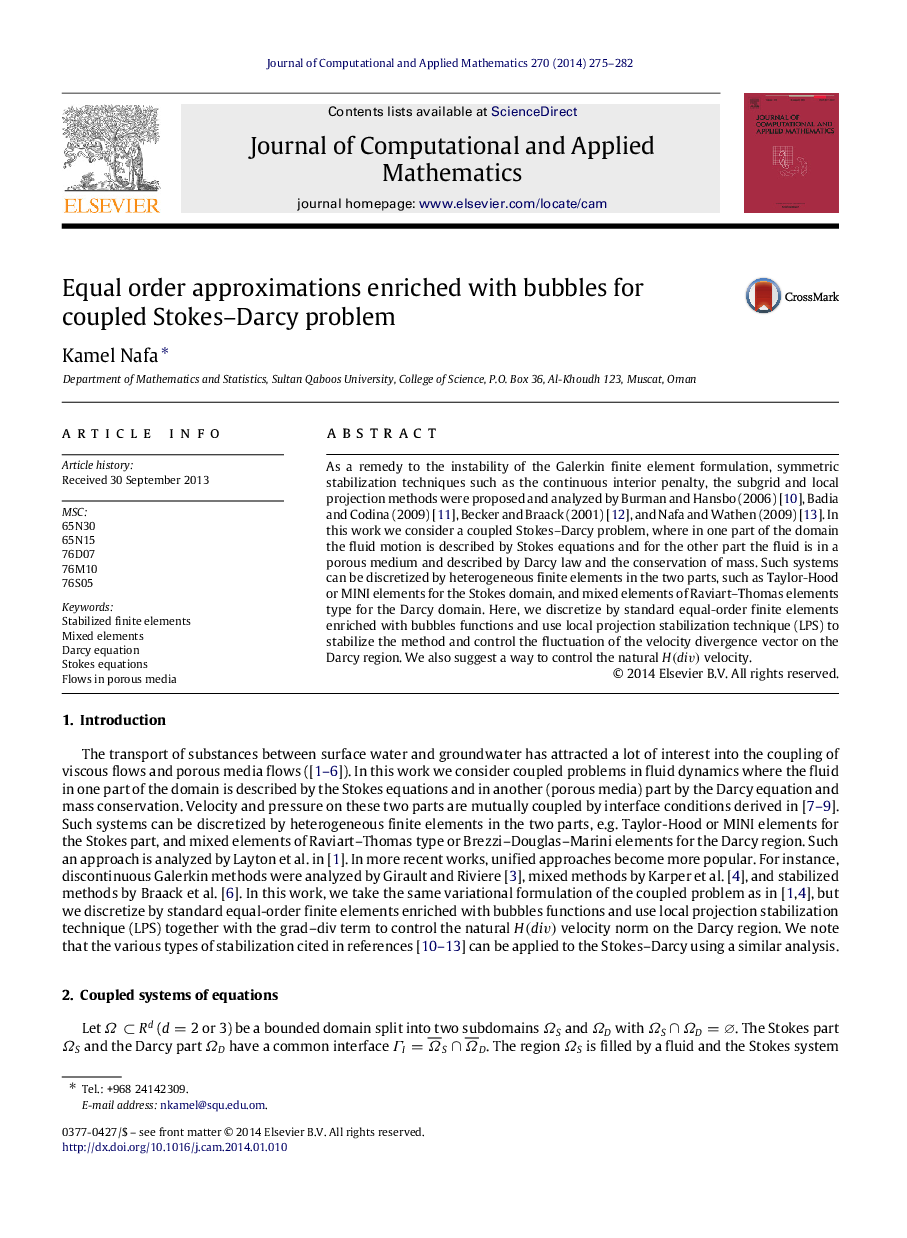 Equal order approximations enriched with bubbles for coupled Stokes–Darcy problem