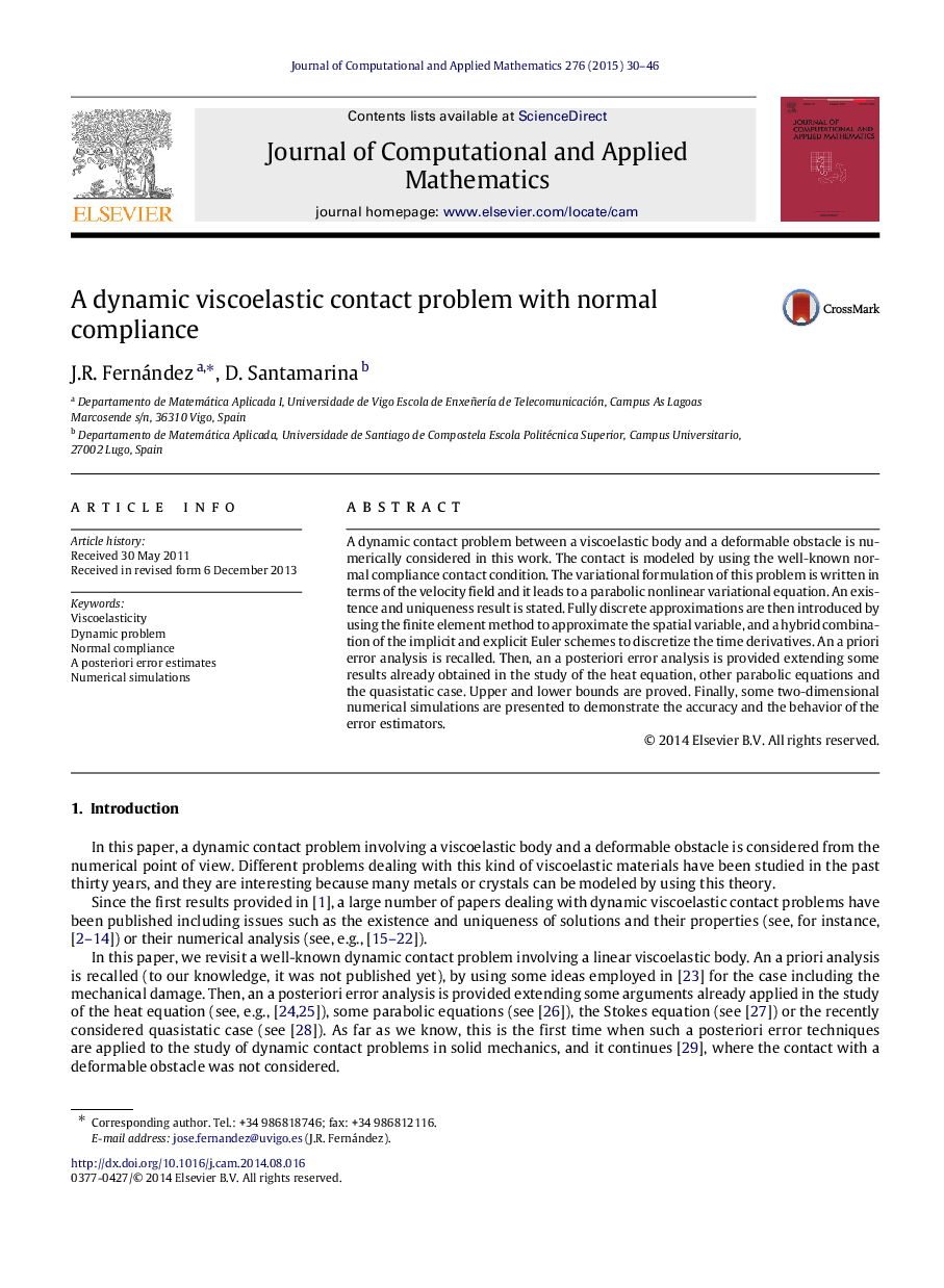 A dynamic viscoelastic contact problem with normal compliance