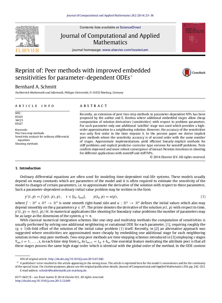 Reprint of: Peer methods with improved embedded sensitivities for parameter-dependent ODEs 