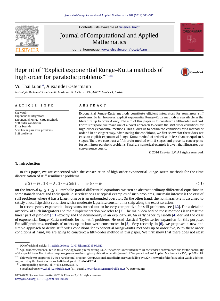 Reprint of “Explicit exponential Runge–Kutta methods of high order for parabolic problems” 