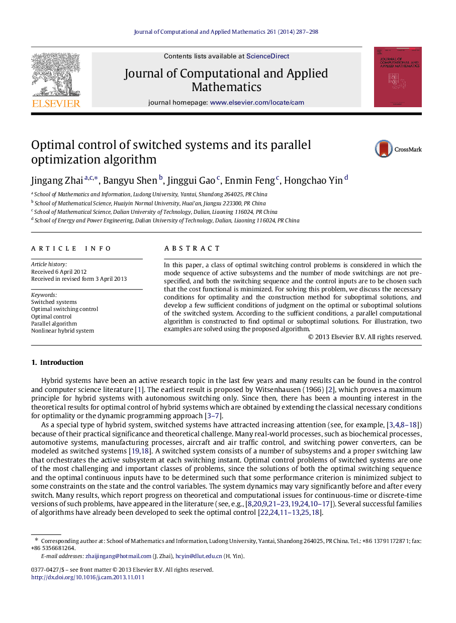 Optimal control of switched systems and its parallel optimization algorithm