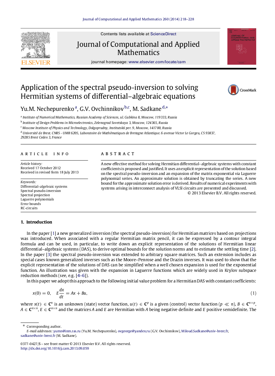 Application of the spectral pseudo-inversion to solving Hermitian systems of differential–algebraic equations