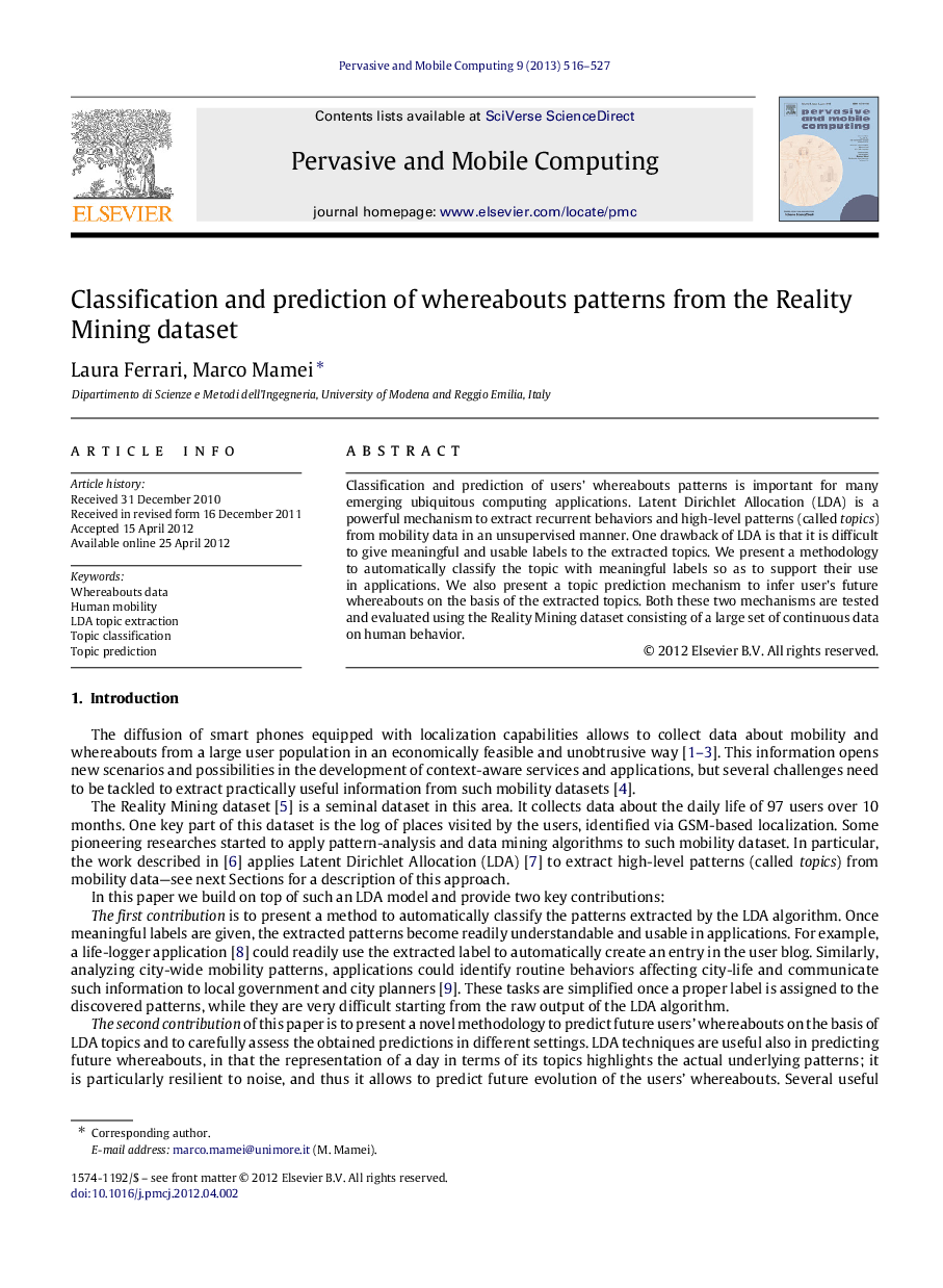 Classification and prediction of whereabouts patterns from the Reality Mining dataset