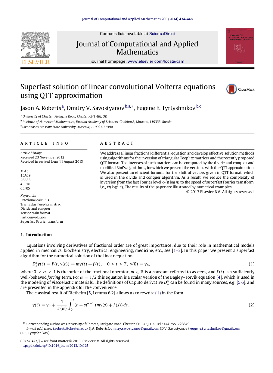 Superfast solution of linear convolutional Volterra equations using QTT approximation