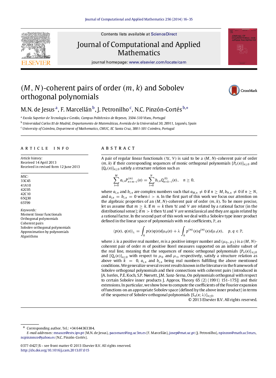 (M,N)-coherent pairs of order (m,k) and Sobolev orthogonal polynomials