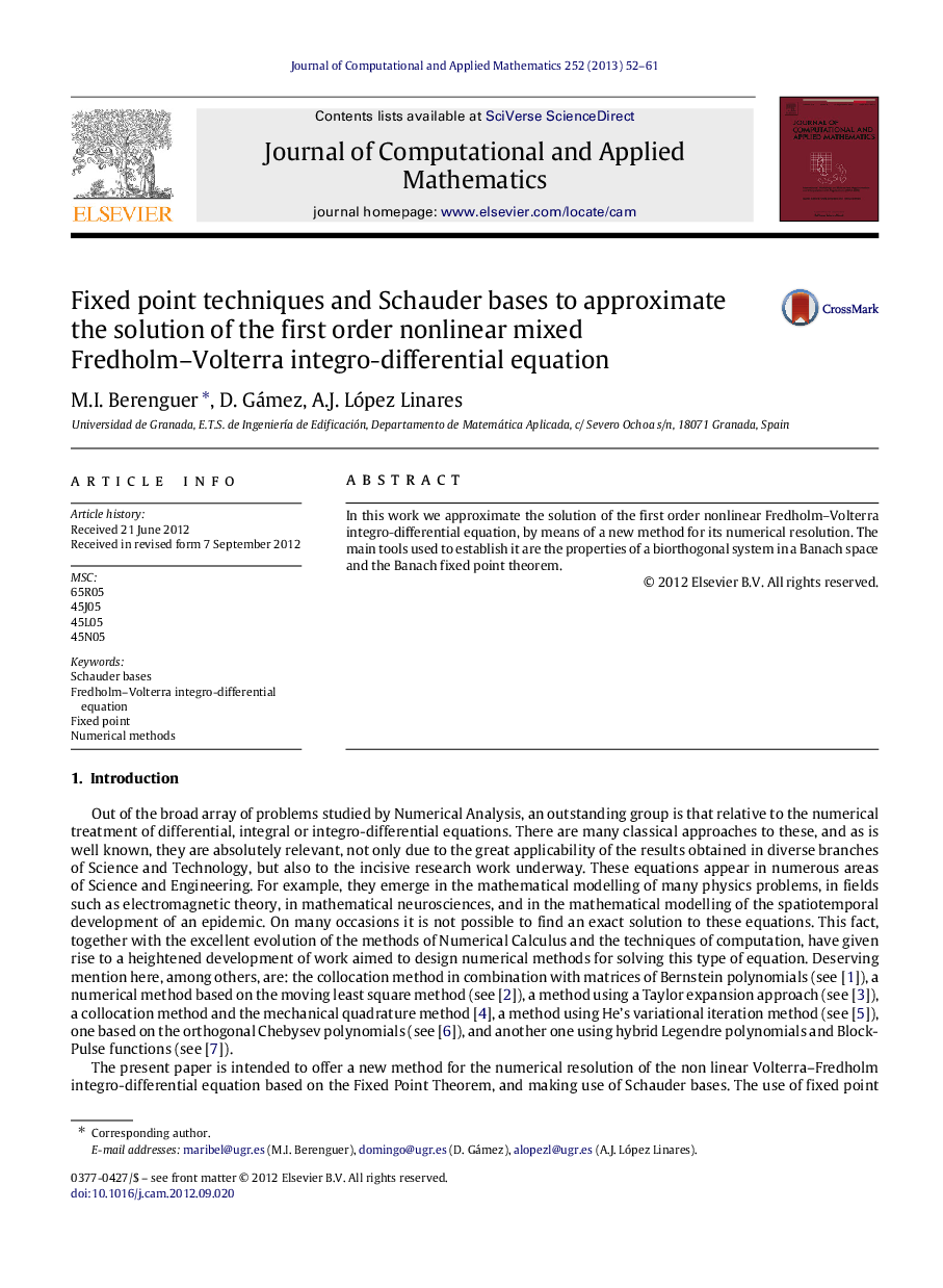 Fixed point techniques and Schauder bases to approximate the solution of the first order nonlinear mixed Fredholm–Volterra integro-differential equation