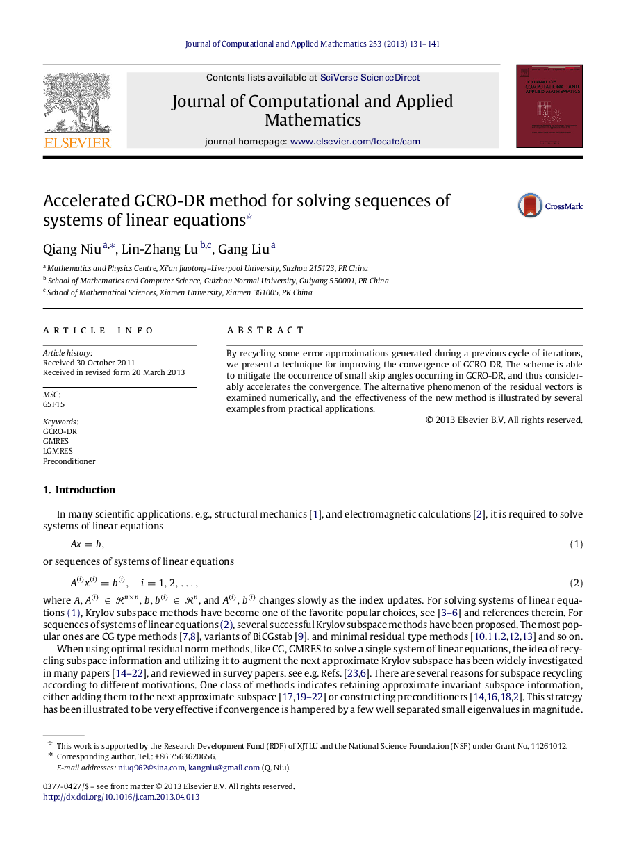 Accelerated GCRO-DR method for solving sequences of systems of linear equations 