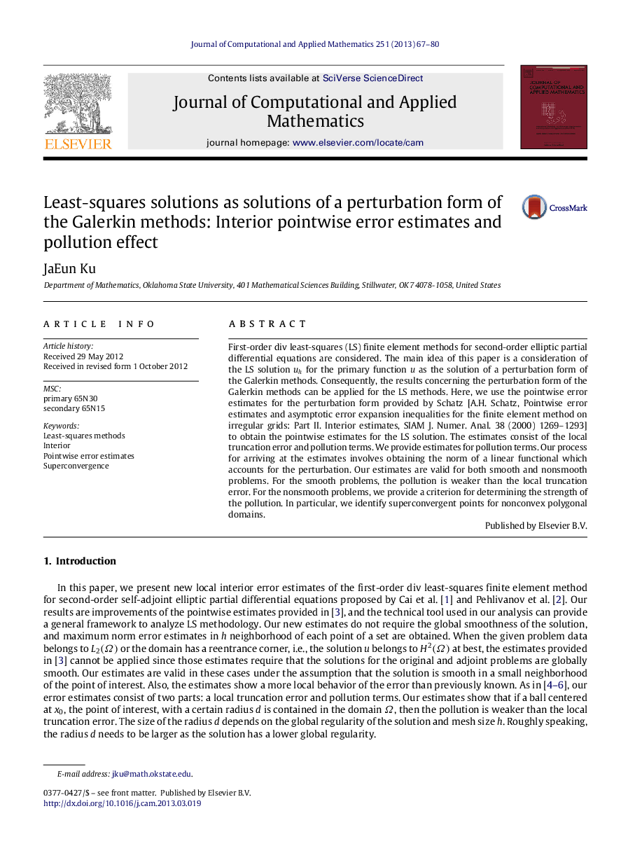 Least-squares solutions as solutions of a perturbation form of the Galerkin methods: Interior pointwise error estimates and pollution effect