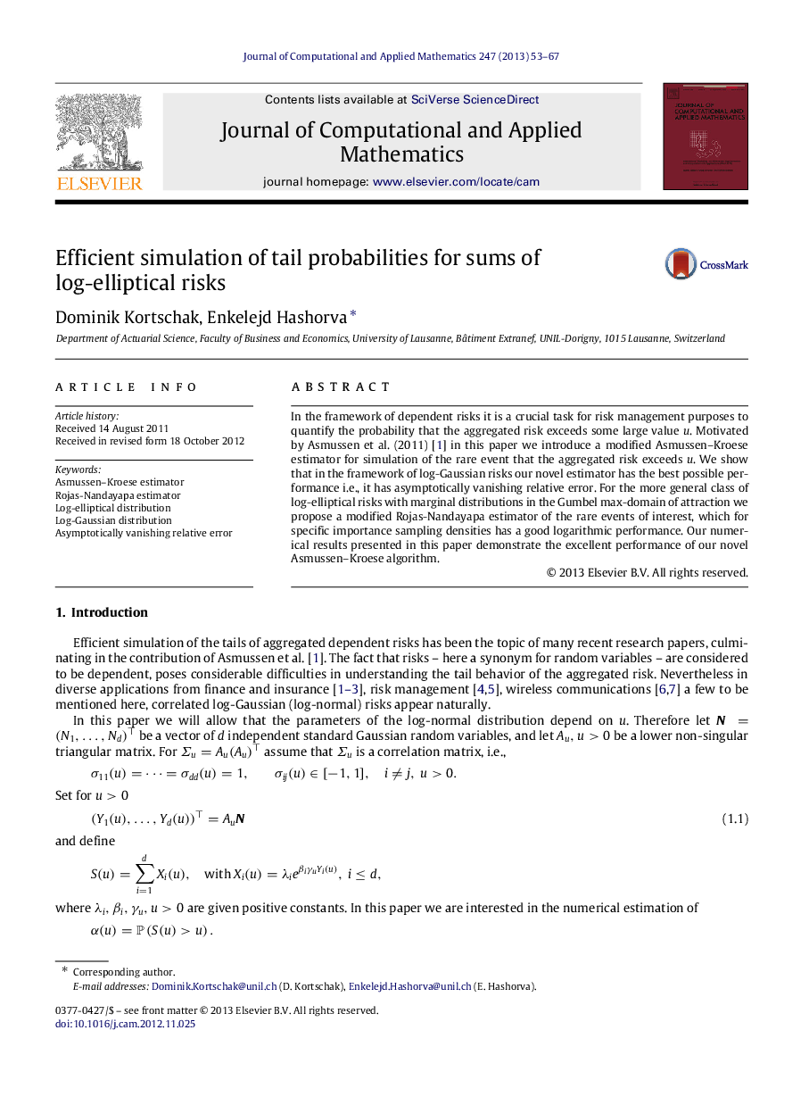 Efficient simulation of tail probabilities for sums of log-elliptical risks