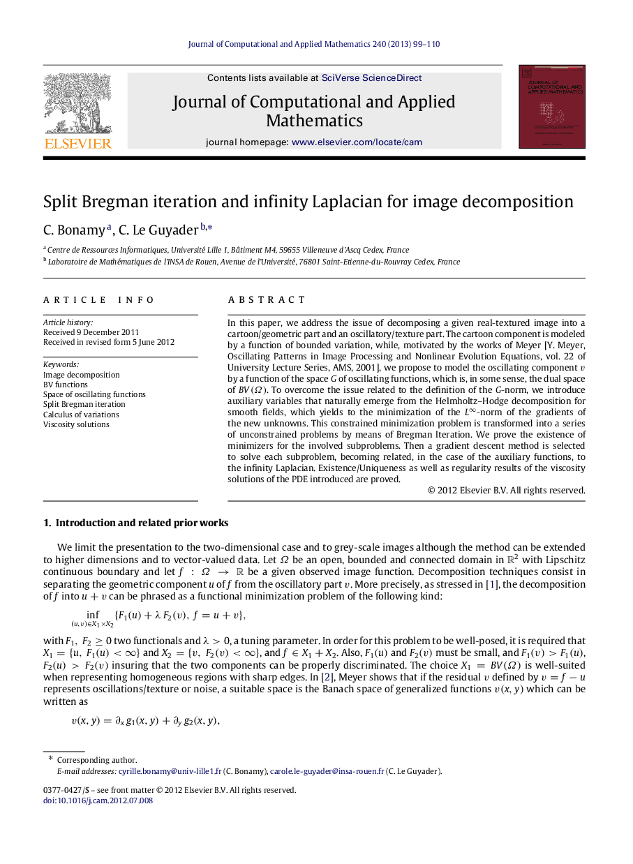 Split Bregman iteration and infinity Laplacian for image decomposition