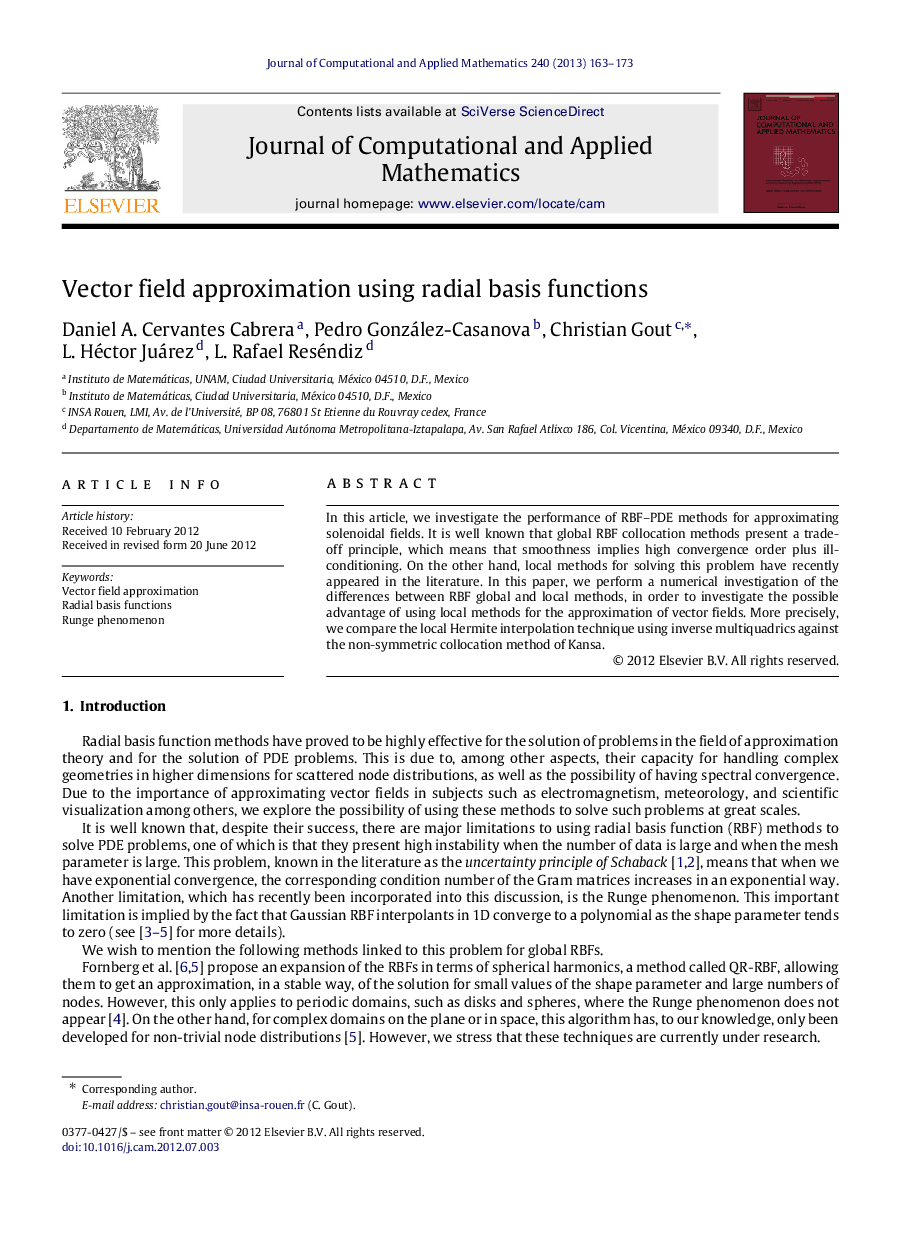 Vector field approximation using radial basis functions