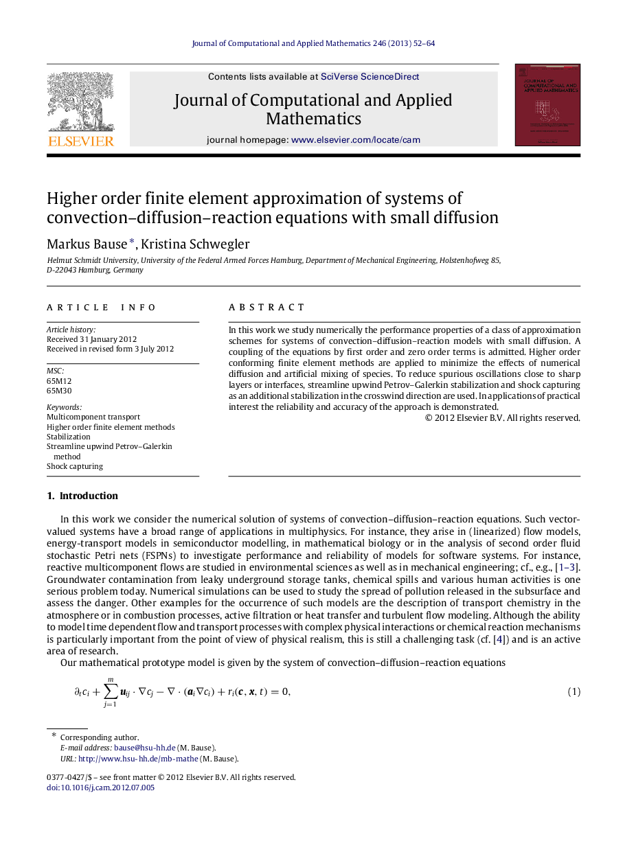 Higher order finite element approximation of systems of convection–diffusion–reaction equations with small diffusion