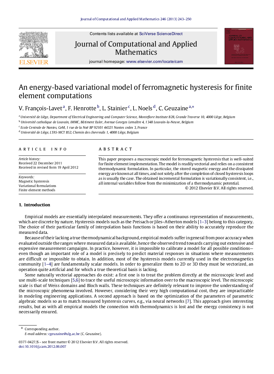 An energy-based variational model of ferromagnetic hysteresis for finite element computations