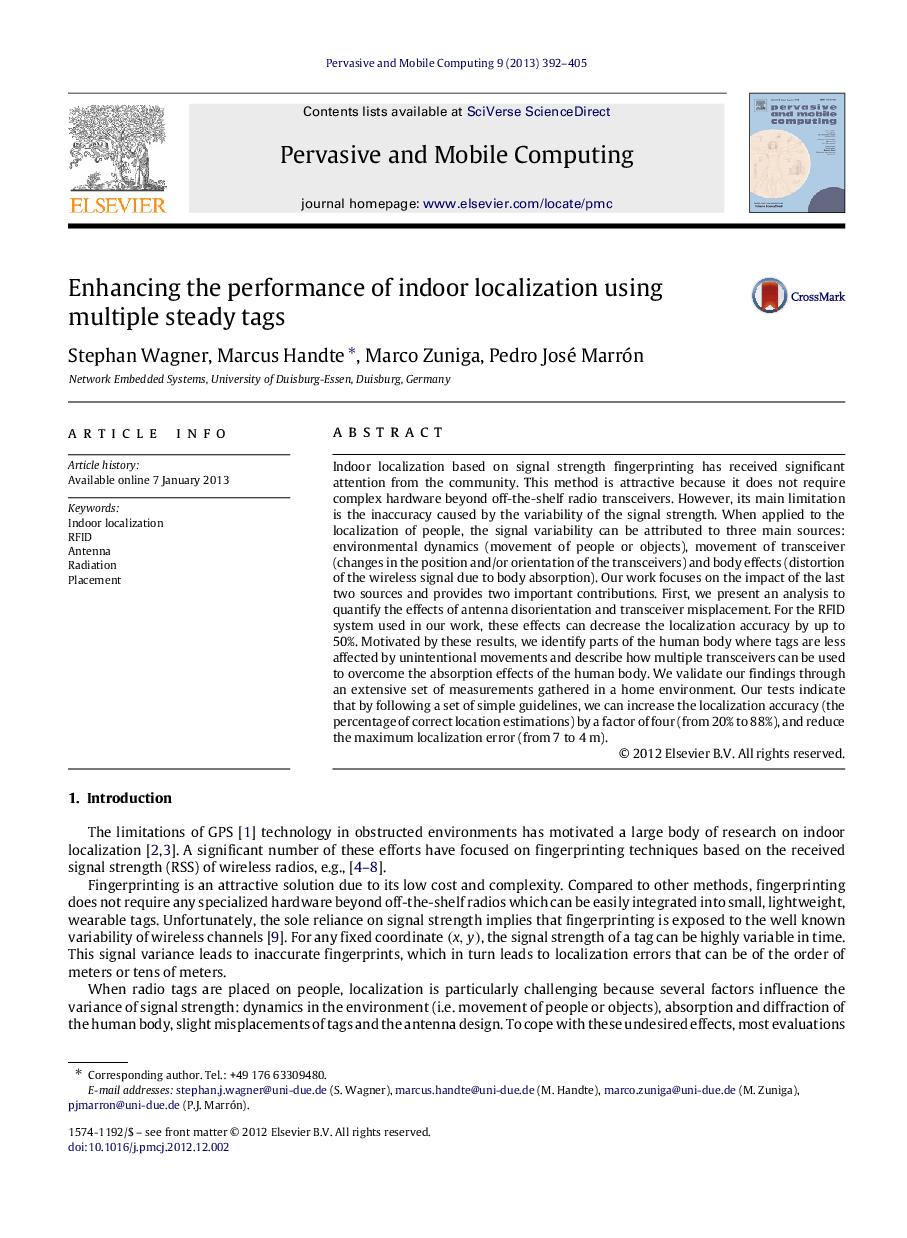 Enhancing the performance of indoor localization using multiple steady tags