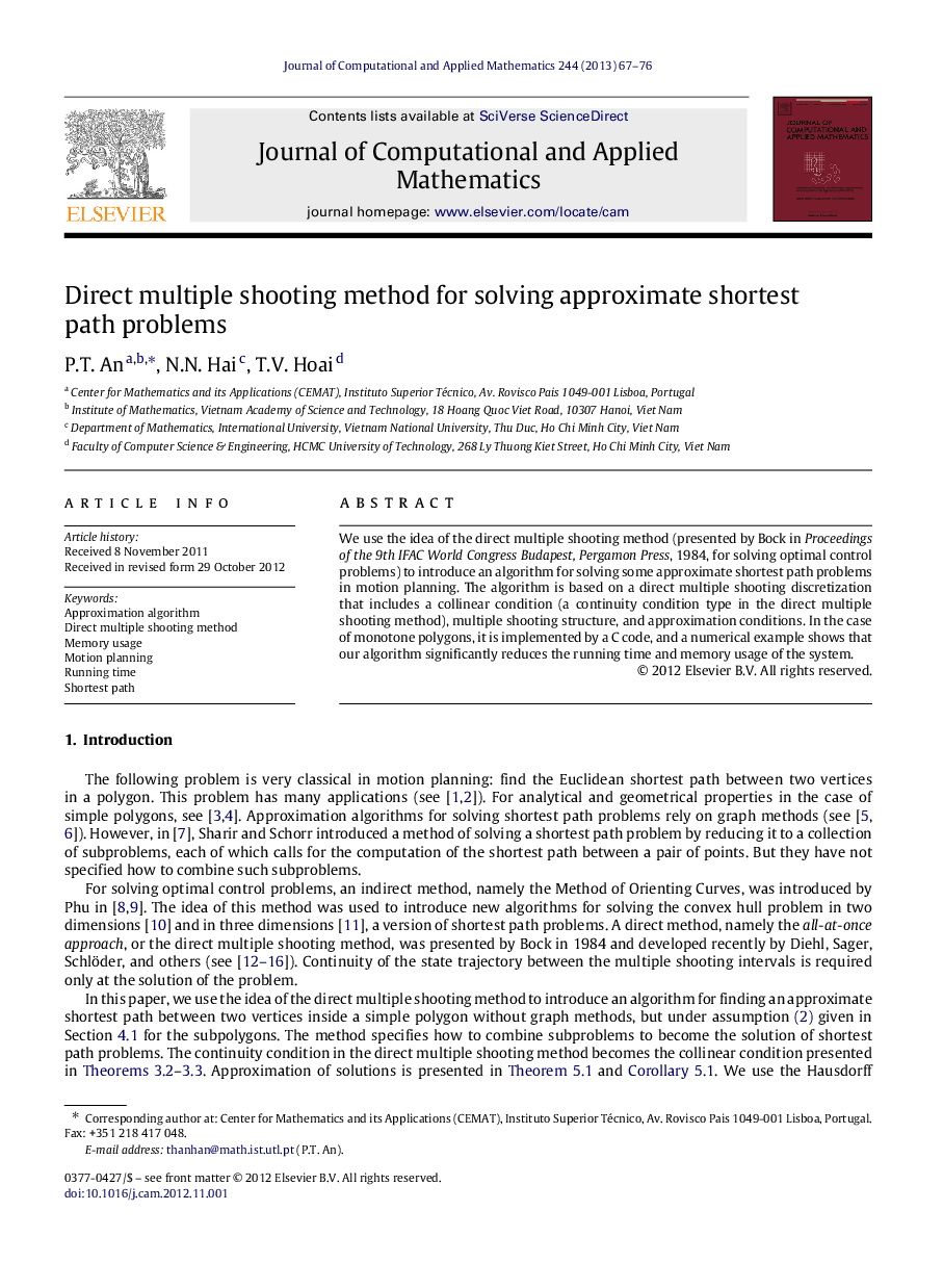 Direct multiple shooting method for solving approximate shortest path problems