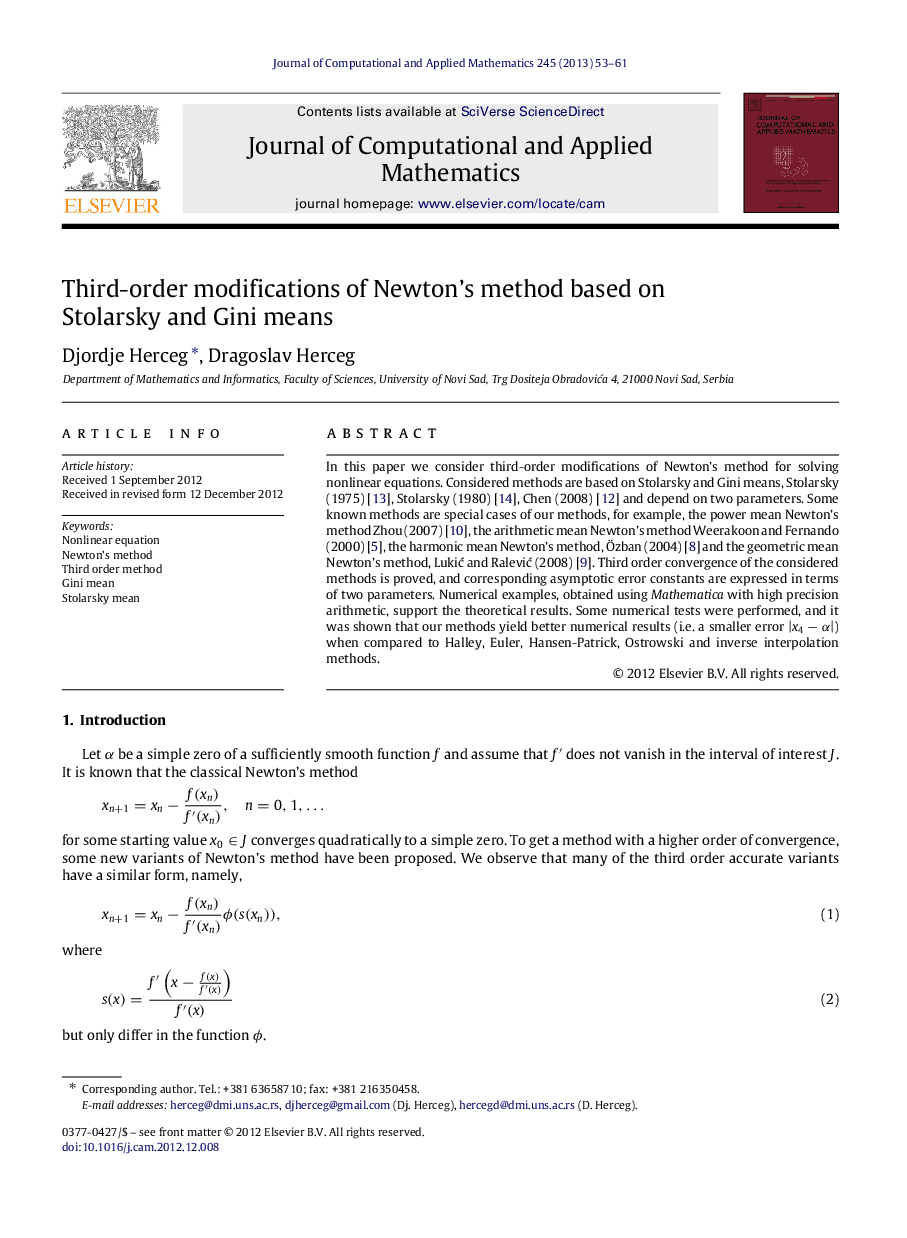 Third-order modifications of Newton's method based on Stolarsky and Gini means