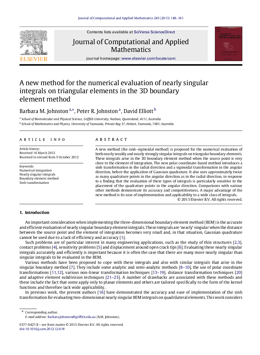 A new method for the numerical evaluation of nearly singular integrals on triangular elements in the 3D boundary element method