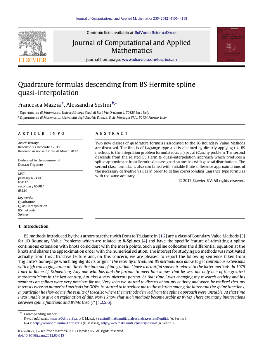 Quadrature formulas descending from BS Hermite spline quasi-interpolation